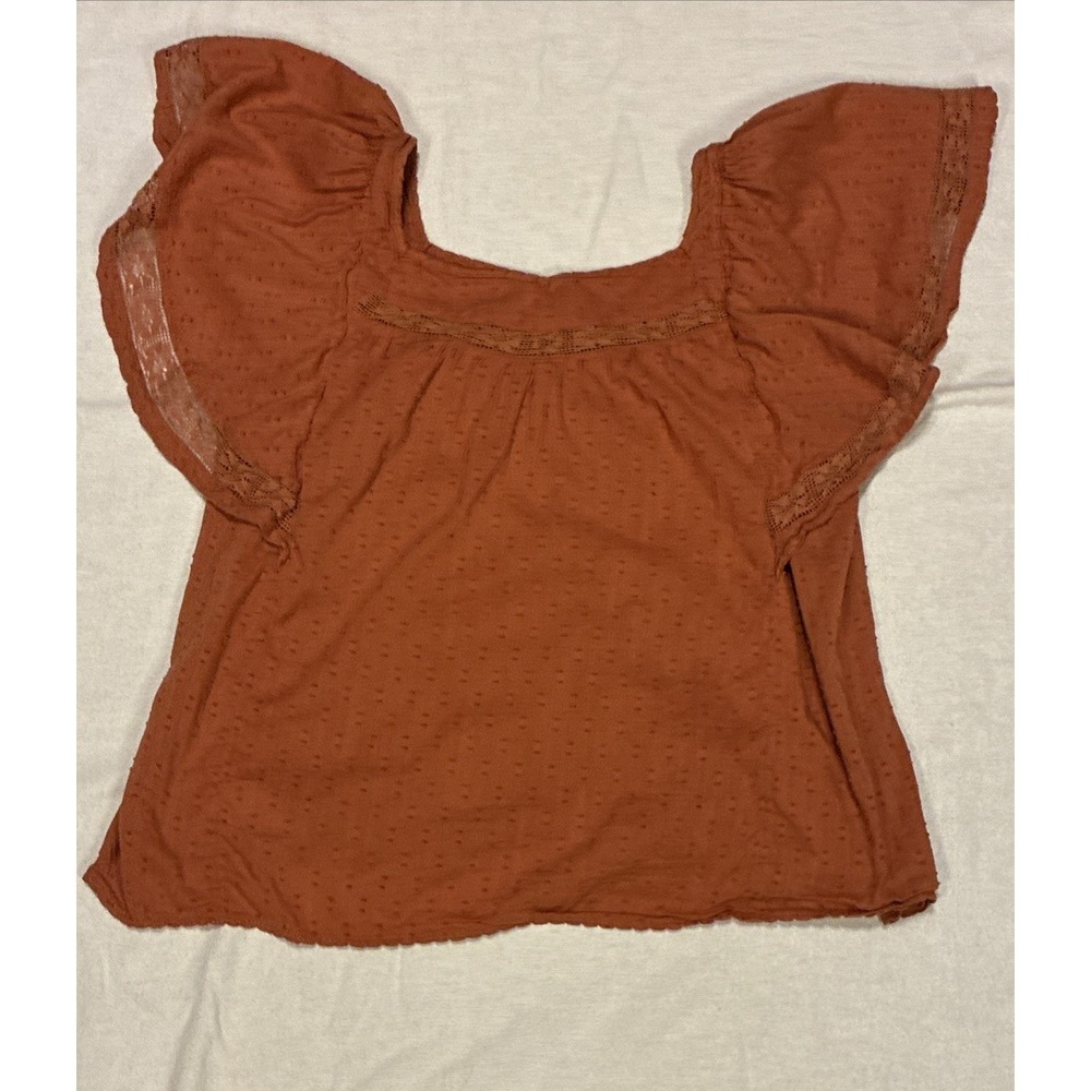 Women's Top Large Orange Peasant Blouse Ruffled Sleeves Crochet-lace Button-down - Picture 7 of 7